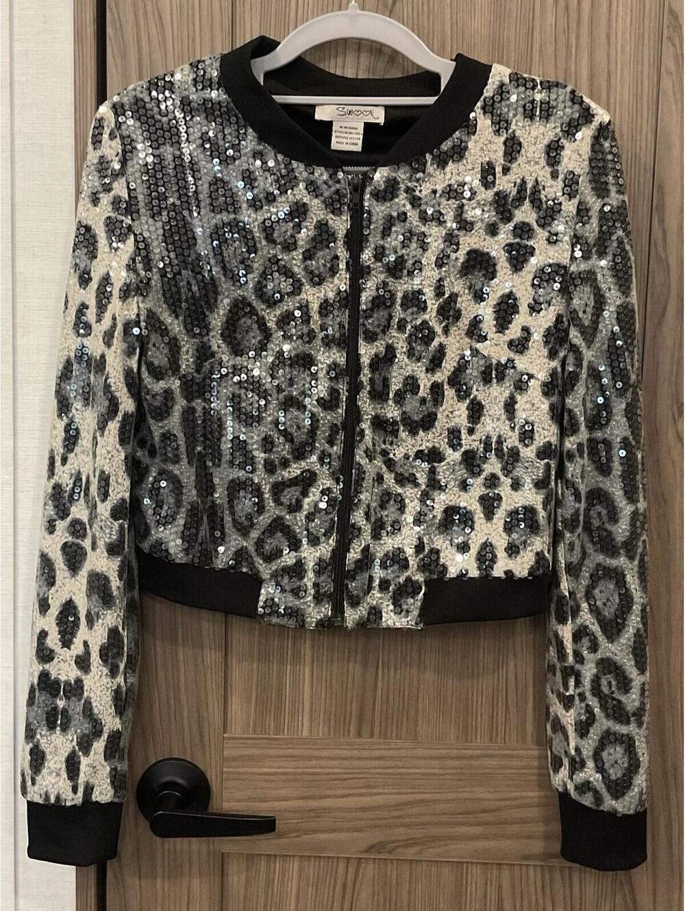 Swooh Womens zip up Sequin Animal Print Jacket Size M